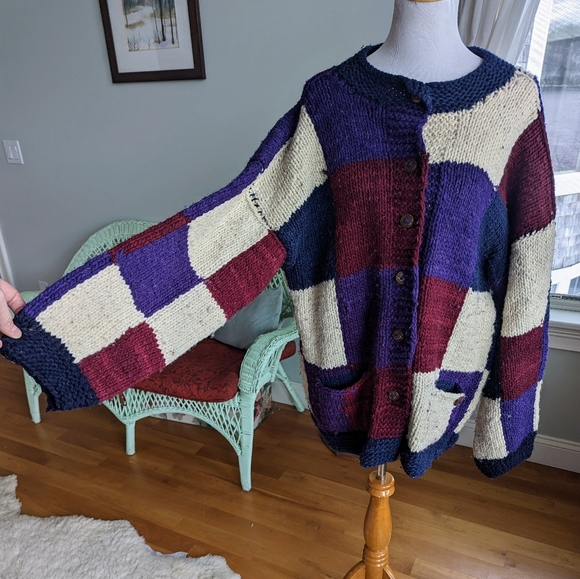 Vintage 90s Chunky Knit Purple Patchwork Ecuadorian Cardigan Sweater XL Rey Wear - Picture 3 of 6